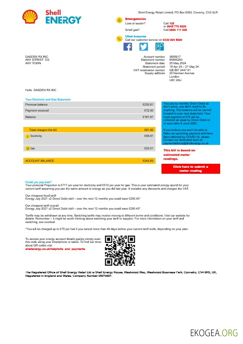 Modèle de facture de services publics d'entreprise Shell Energy pour le Royaume Uni Modèle Word et PDF